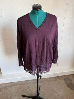 Adrianna Papell Plum V-Neck Lace Hem Long Sleeve Tunic Sweater